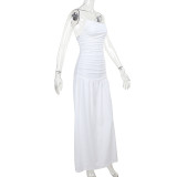 Hanging Strap Slanted Shoulder Pleated Open A-line Dress