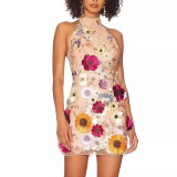 Embroidered Three-dimensional Flower Hanging Neck Slim Fitting Dress Small Dress