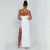 Single Shoulder Camisole Tight Pleated High Slit Long Skirt