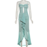 Hollow Out Solid Color Slit Irregular Suspender Dress