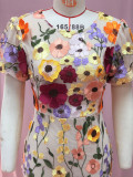 Round Neck Embroidered Three-dimensional Flower Bubble Sleeve Dress