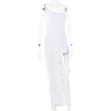 Single Shoulder Camisole Tight Pleated High Slit Long Skirt