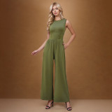 Solid Color Slim Fit High Waisted Sleeveless Wide Leg Jumpsuit
