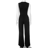 Solid Color Slim Fit High Waisted Sleeveless Wide Leg Jumpsuit