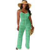 Solid Color Knitted Camisole Geometric Hollow Jumpsuit