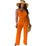 Solid Color Knitted Camisole Geometric Hollow Jumpsuit