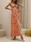 Printed Backless Bow with Dew Back Collar and Slit Dress