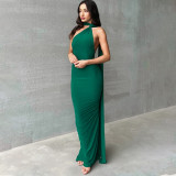 Open Back Pleated Slim Fit Solid Sleeveless Temperament Dress