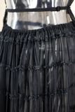 Open Back Hanging Neck Strap Pleated Lace Vest Long Skirt Set