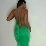 Open Back Lace Up Temperament Long Skirt with a Strapless Hanging Neck Dress