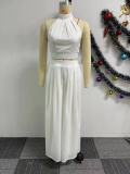 Two Piece Set of Pleated Sleeveless High Waisted Top and Wide Leg Pants
