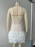 Open Back Short Skirt with Layered Tassel Mesh and Sequin Suspender Skirt