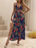 Printed Backless Bow with Dew Back Collar and Slit Dress