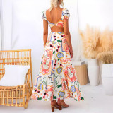 Two Piece Set of Printed Top Wrapped Chest and Half Skirt