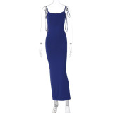 Open Back Pleated Slim Fit Solid Color Suspender Dress