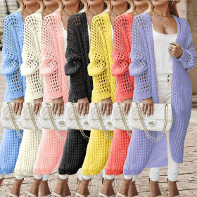 Solid Color Long Hollow Out Sweater Cardigan Jacket