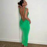 Open Back Lace Up Temperament Long Skirt with a Strapless Hanging Neck Dress