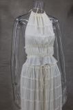 Open Back Hanging Neck Strap Pleated Lace Vest Long Skirt Set
