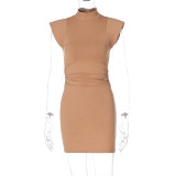 Solid Color Slim Fit Sleeveless High Neck and Buttocks Wrapped Dress