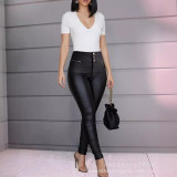 Black Zipper Decorated High Waisted Leather Pants