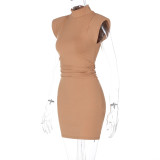 Solid Color Slim Fit Sleeveless High Neck and Buttocks Wrapped Dress