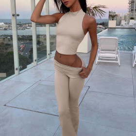 High Necked Sleeveless Vest Flared Pants Two-piece Fashion Casual Set