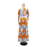 Printed V-neck Bubble Sleeves with Waistband Patchwork Long Skirt