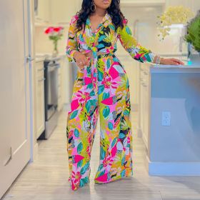 Printed Two-piece Set with Lapel Strap Shirt and Wide Leg Pants Set