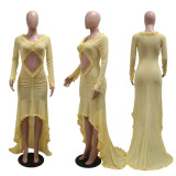 V-neck Solid Color Perspective Long Sleeved Dress