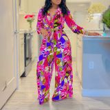 Printed Two-piece Set with Lapel Strap Shirt and Wide Leg Pants Set