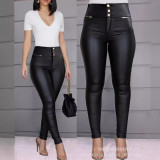Black Zipper Decorated High Waisted Leather Pants