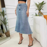 High WaistedCloth Floor Mop with Raw Edge Denim Skirt