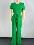 Casual Short Sleeved Top with a Waistband and Loose Fitting Workwear Wide Leg Pants Set