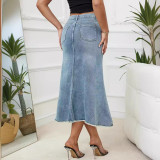 High WaistedCloth Floor Mop with Raw Edge Denim Skirt