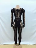 Solid Color Round Neck Long Sleeved Hollowed Out Knitted Jumpsuit