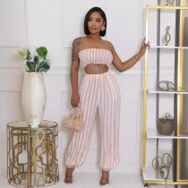Striped Print Wrap Chest and Ankle Pants Two-piece Set