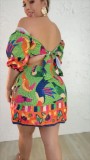 Printed Waist Cinched Backless Lantern Sleeves with a Shoulder Length and Two Piece Dress