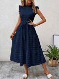 Wooden Ear Edge Flying Sleeve Lace Up Texture Dress