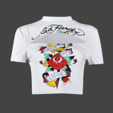 Printed Rose Slim Fit Short Top with Exposed Navel