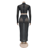 Solid Color Hot Diamond Mesh Two-piece Dress