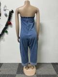 Denim Workwear with Multiple Pockets Patchwork, Washed Loose Sleeveless Jumpsuit