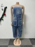 Denim Workwear with Multiple Pockets Patchwork, Washed Loose Sleeveless Jumpsuit