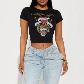 Open Navel Printed Round Neck European and American T-shirts