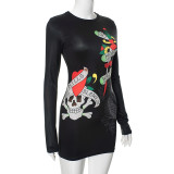 Leisure Anime Printed Round Neck Long Sleeved Dress
