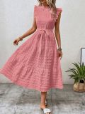 Wooden Ear Edge Flying Sleeve Lace Up Texture Dress