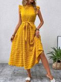 Wooden Ear Edge Flying Sleeve Lace Up Texture Dress