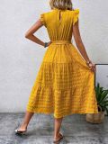 Wooden Ear Edge Flying Sleeve Lace Up Texture Dress