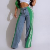 Spliced Three Striped Wide Leg Denim Pants