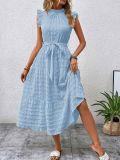 Wooden Ear Edge Flying Sleeve Lace Up Texture Dress