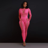 Solid Color Round Neck Long Sleeved Hollowed Out Knitted Jumpsuit